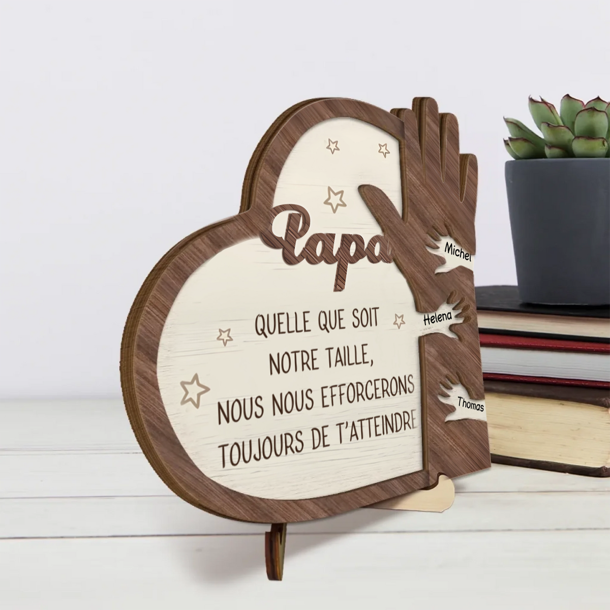 Tableau en bois personnalisé à deux couches "Main dans la main" pour Papa