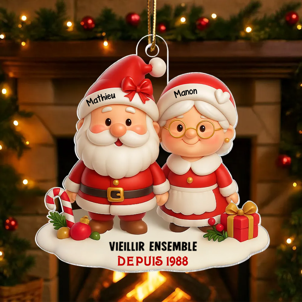 « Vieillir ensemble » – décoration de Noël personnalisée en acrylique avec couple de Pères Noël