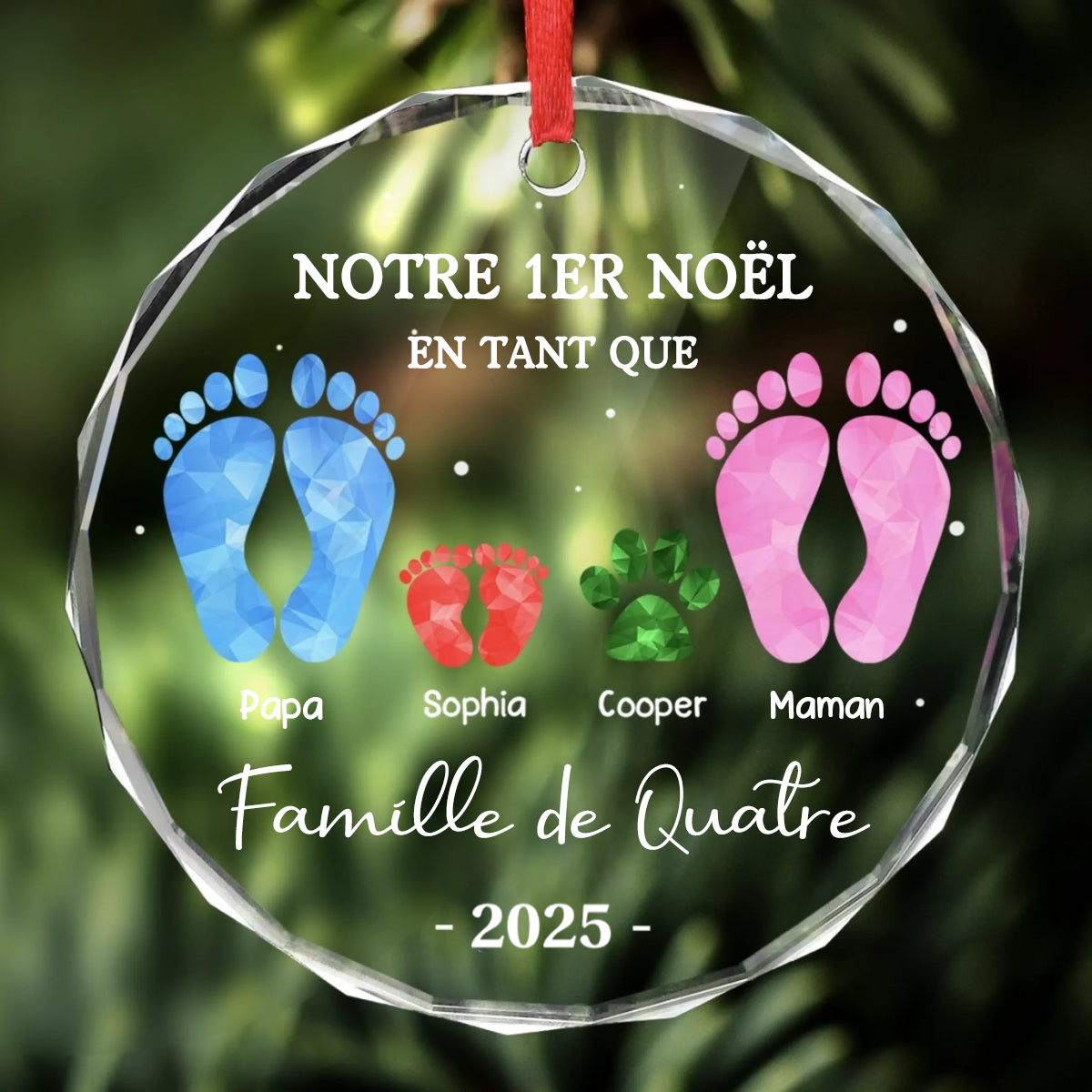 Décoration en verre personnalisée « Notre premier Noël en famille à trois » Ornement de Noël