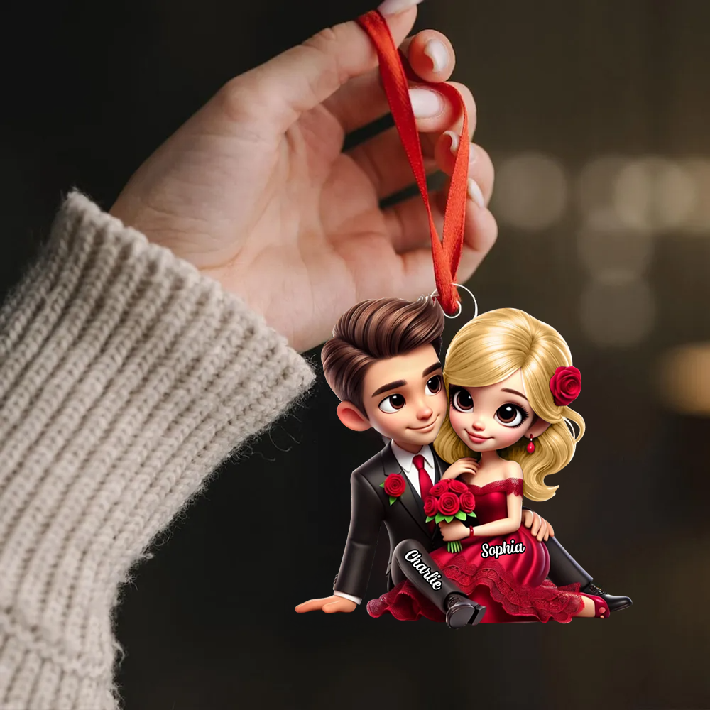 Couple avec bouquet de roses – Pendentif en acrylique personnalisé, cadeau pour couple