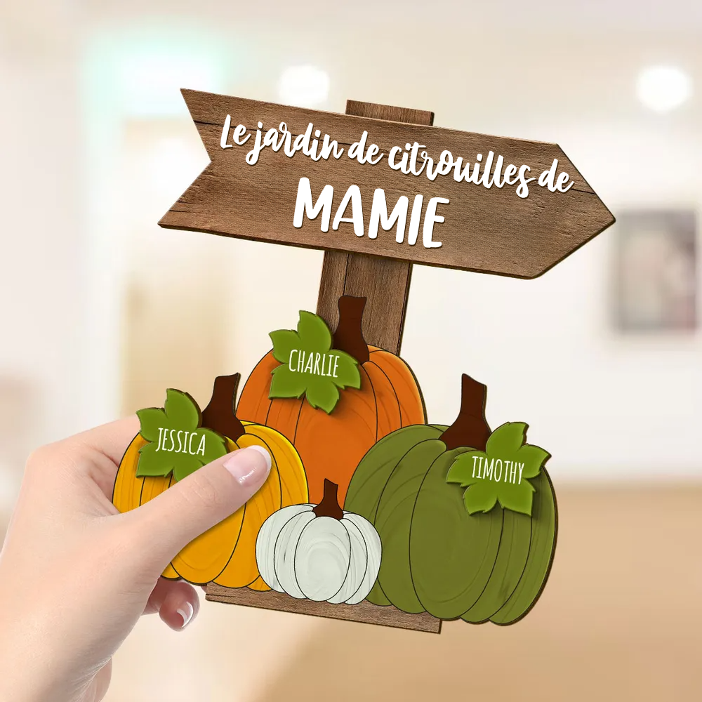 Jardin de citrouilles de Mamie – Plaque en bois personnalisée avec noms