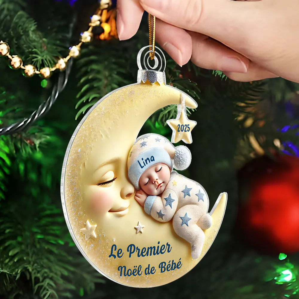 Premier Noël de bébé – Ornement acrylique personnalisé « Bébé sur lune »