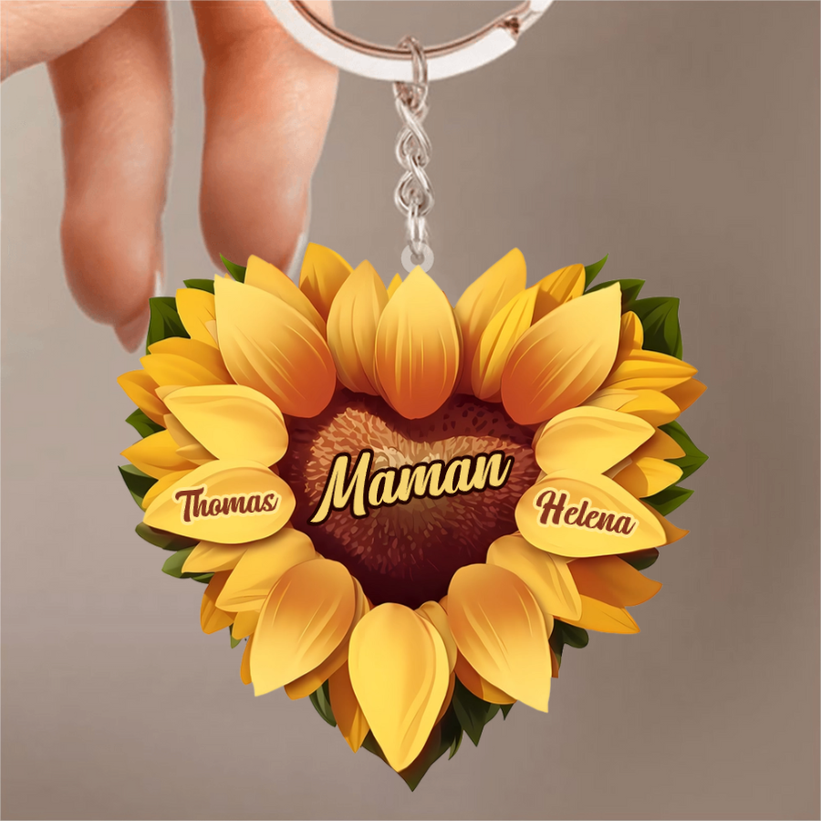 Tournesol en forme de cœur – Porte-clés en acrylique personnalisé pour maman et mamie