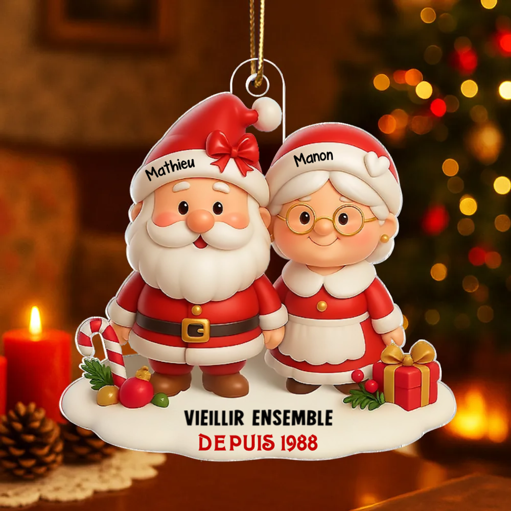 « Vieillir ensemble » – décoration de Noël personnalisée en acrylique avec couple de Pères Noël