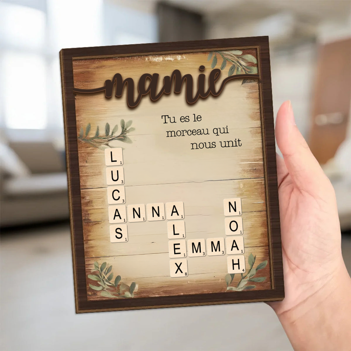 Tableau en bois personnalisé style mots croisés – Cadeau pour Mamie