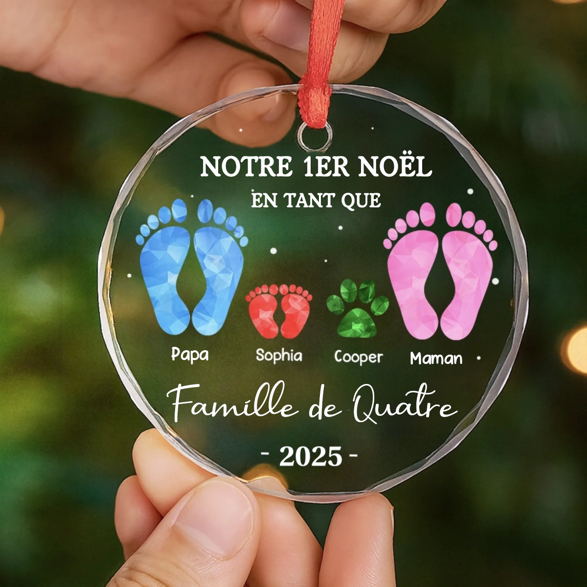 Décoration en verre personnalisée « Notre premier Noël en famille à trois » Ornement de Noël