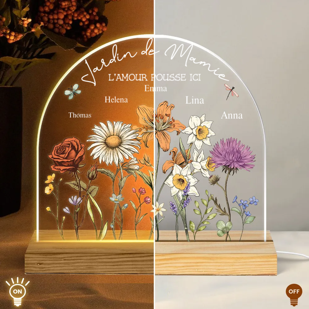Jardin avec fleurs de naissance – Lampe de nuit personnalisée pour maman et grand-maman