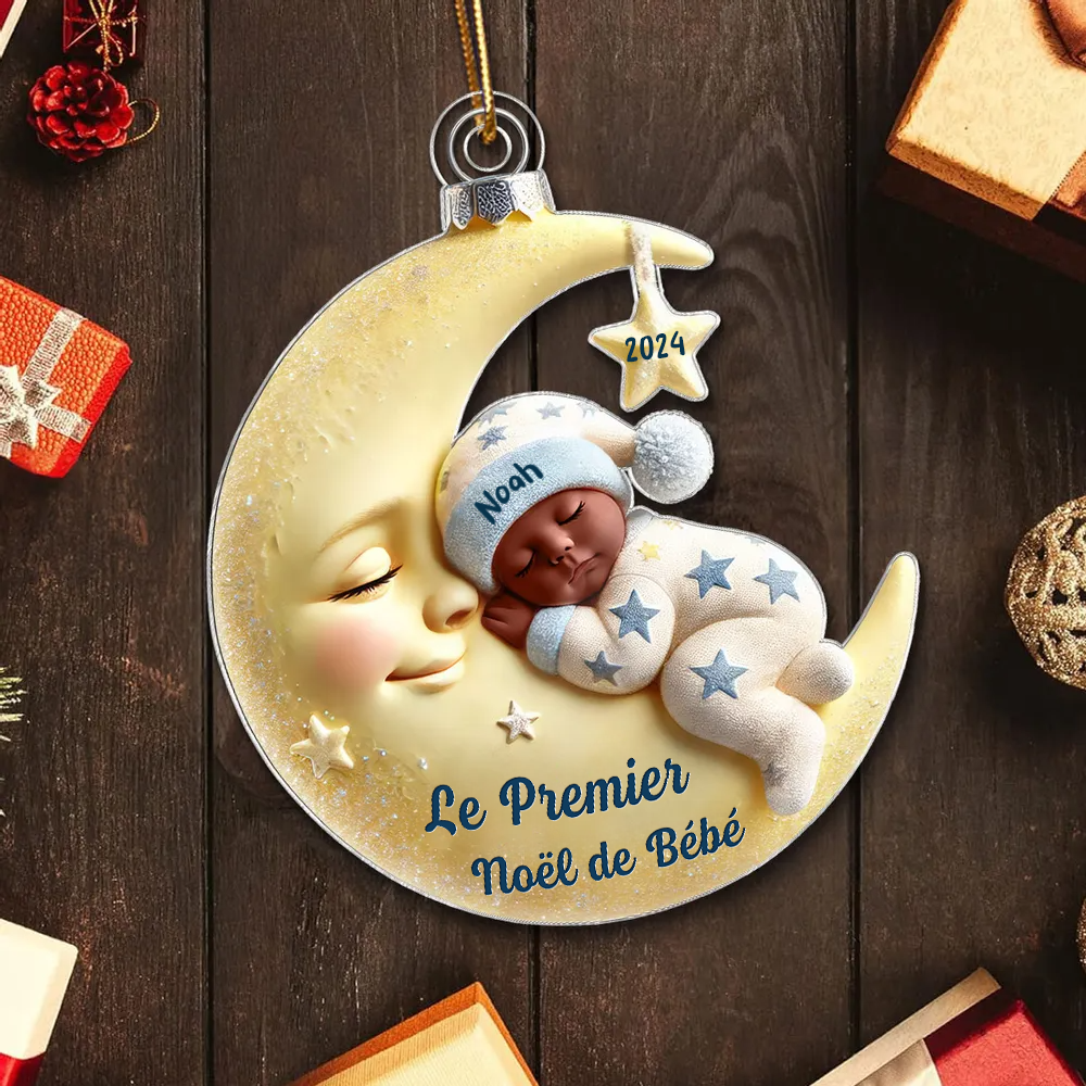 Premier Noël de bébé – Ornement acrylique personnalisé « Bébé sur lune »