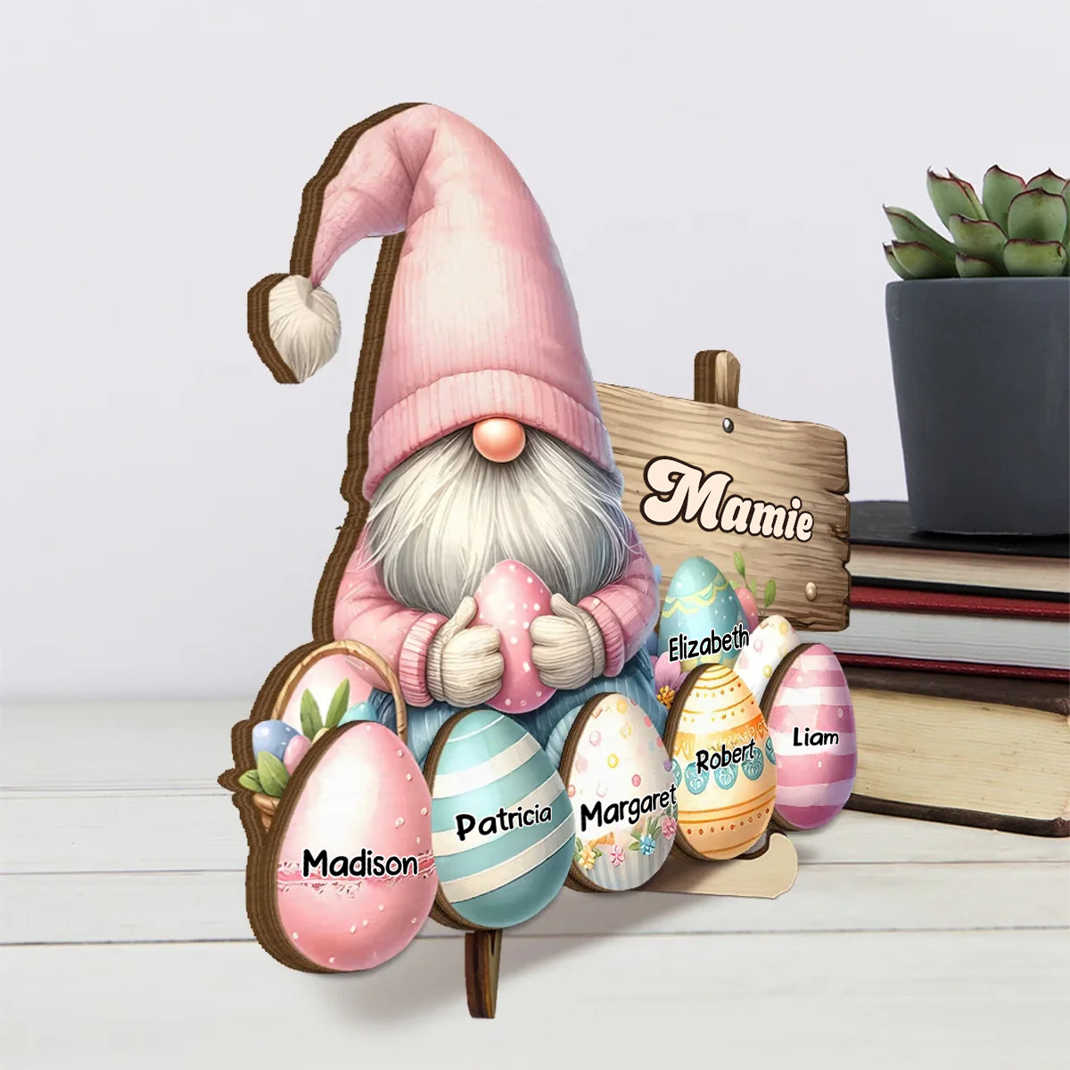 Plaque en bois personnalisée avec des nains et des œufs de Pâques – Cadeau de Pâques pour Mamie