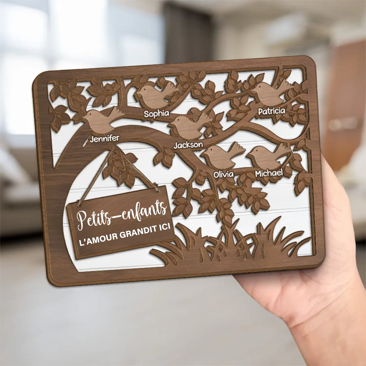 Plaque en bois Arbre et Oiseaux personnalisée avec 1 à 10 prénoms – Cadeau pour Mamie