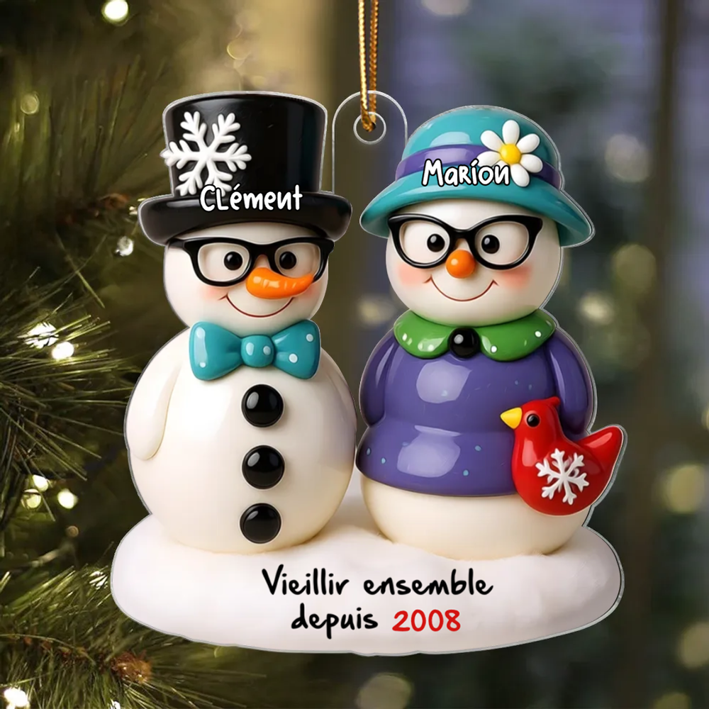 Couple de bonhommes de neige – Décoration de Noël personnalisée avec noms