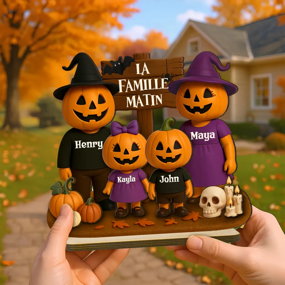 Famille Halloween avec citrouilles – Plaque en bois personnalisée avec noms