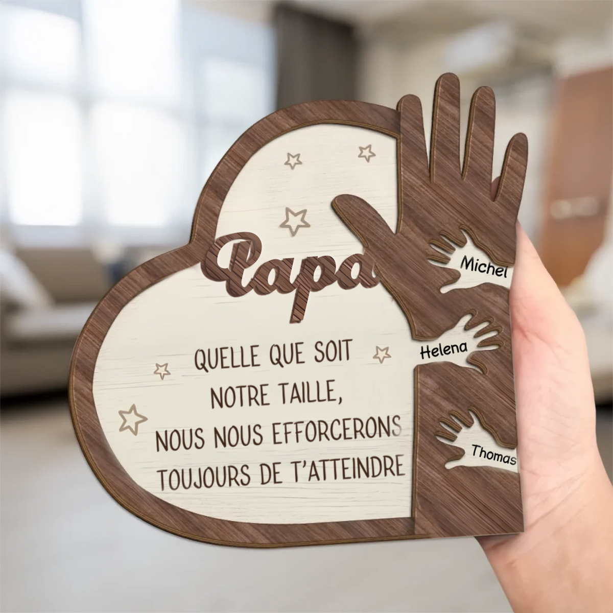 Tableau en bois personnalisé à deux couches "Main dans la main" pour Papa