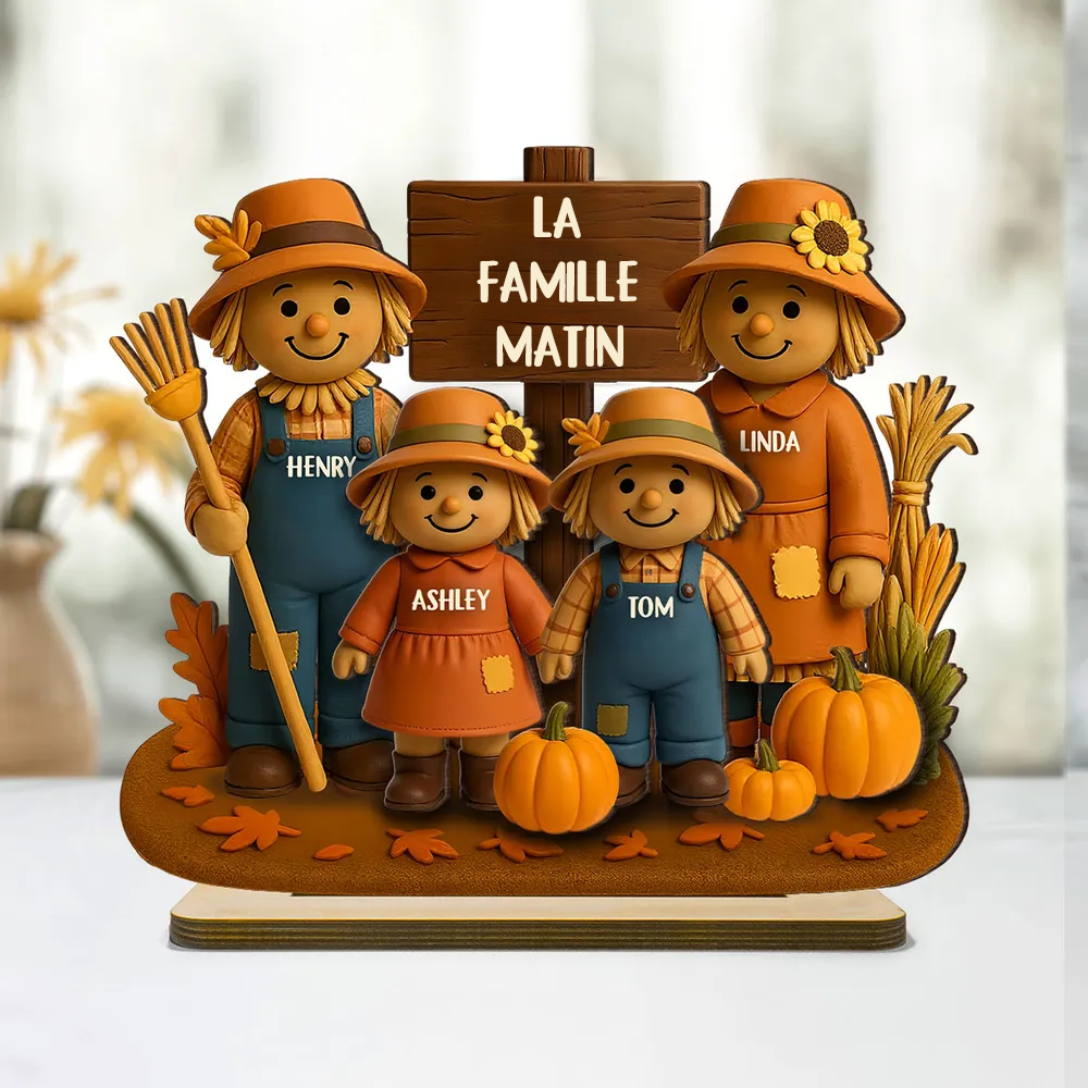 Épouvantails et citrouilles – Plaque en bois personnalisée pour la famille
