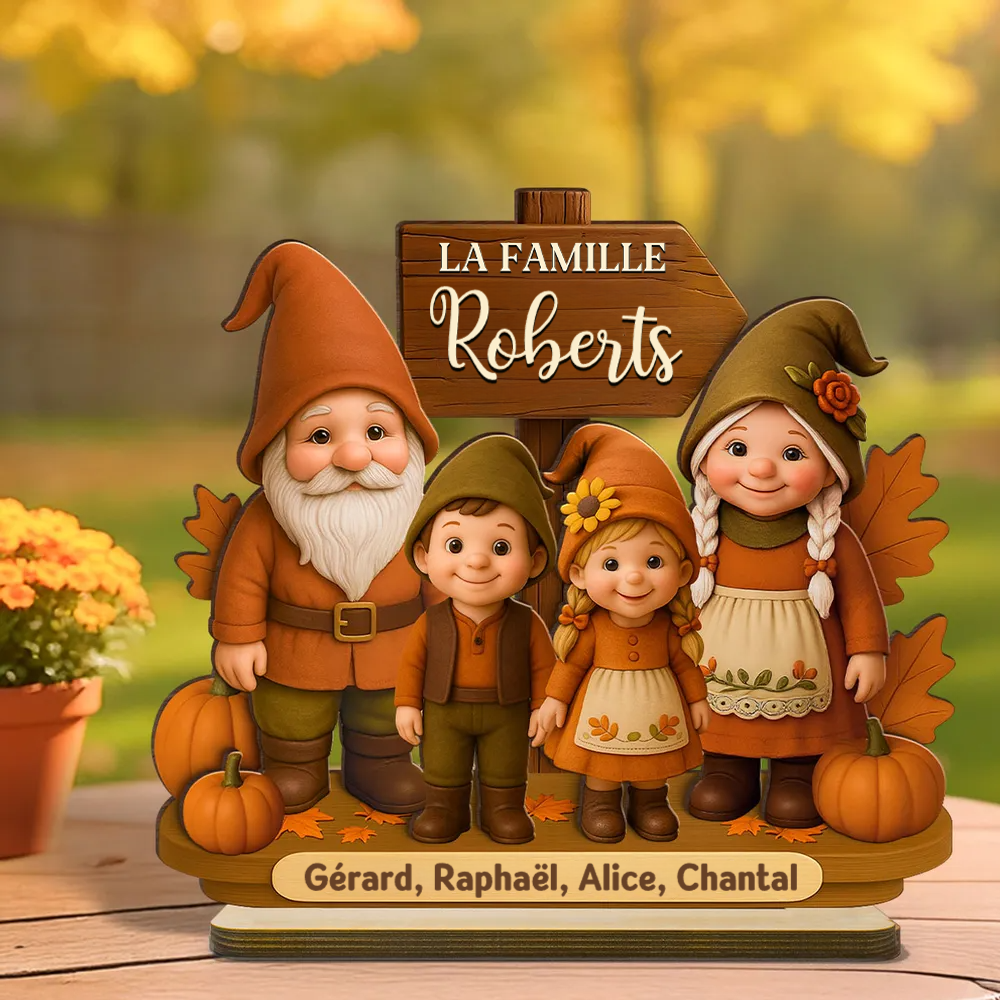 Famille de gnomes saison d’automne – Plaque en bois personnalisée avec noms