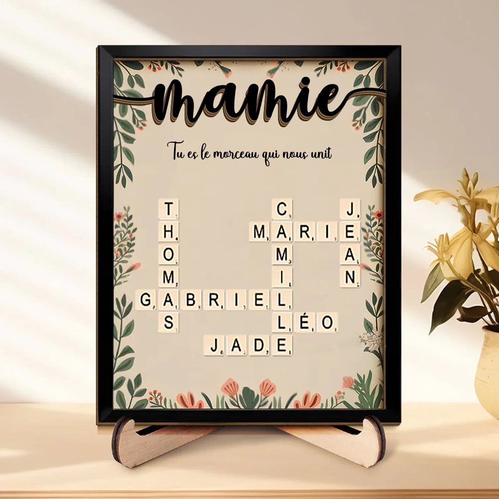Plaque en bois personnalisée avec mots croisés – Cadeau pour Mamie et Papi