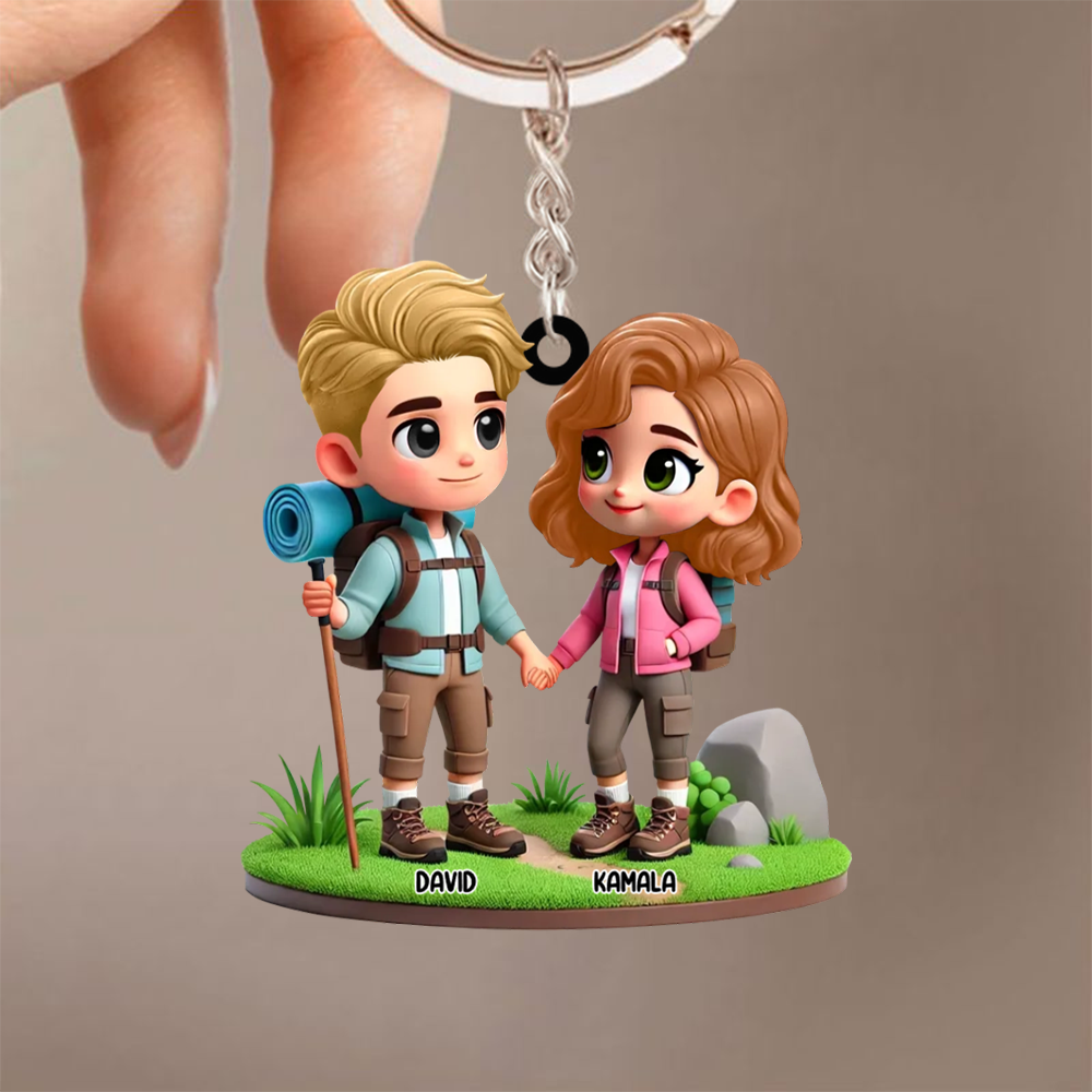 Porte-clés en acrylique « Couple camping » personnalisé avec noms, cadeau pour couple