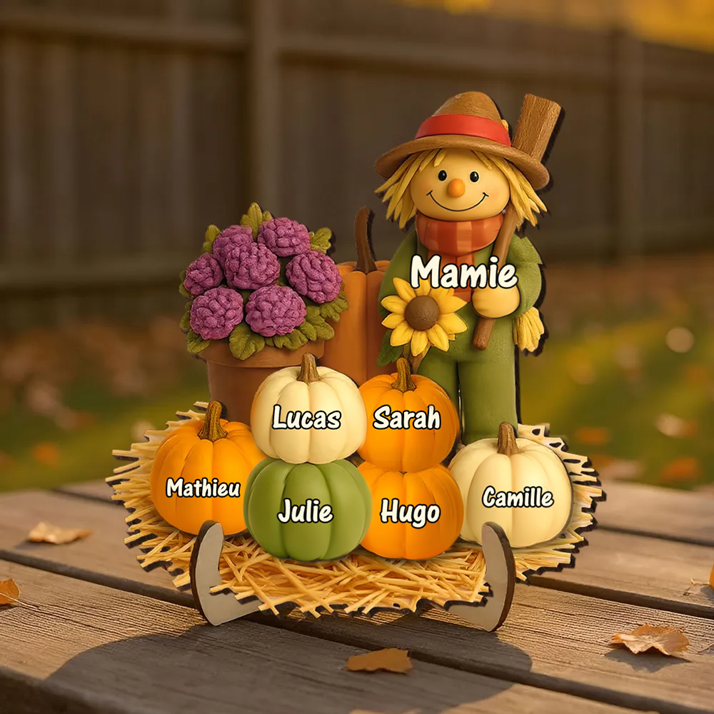 Plaque en bois personnalisée avec épouvantail et citrouilles – avec nom(s)