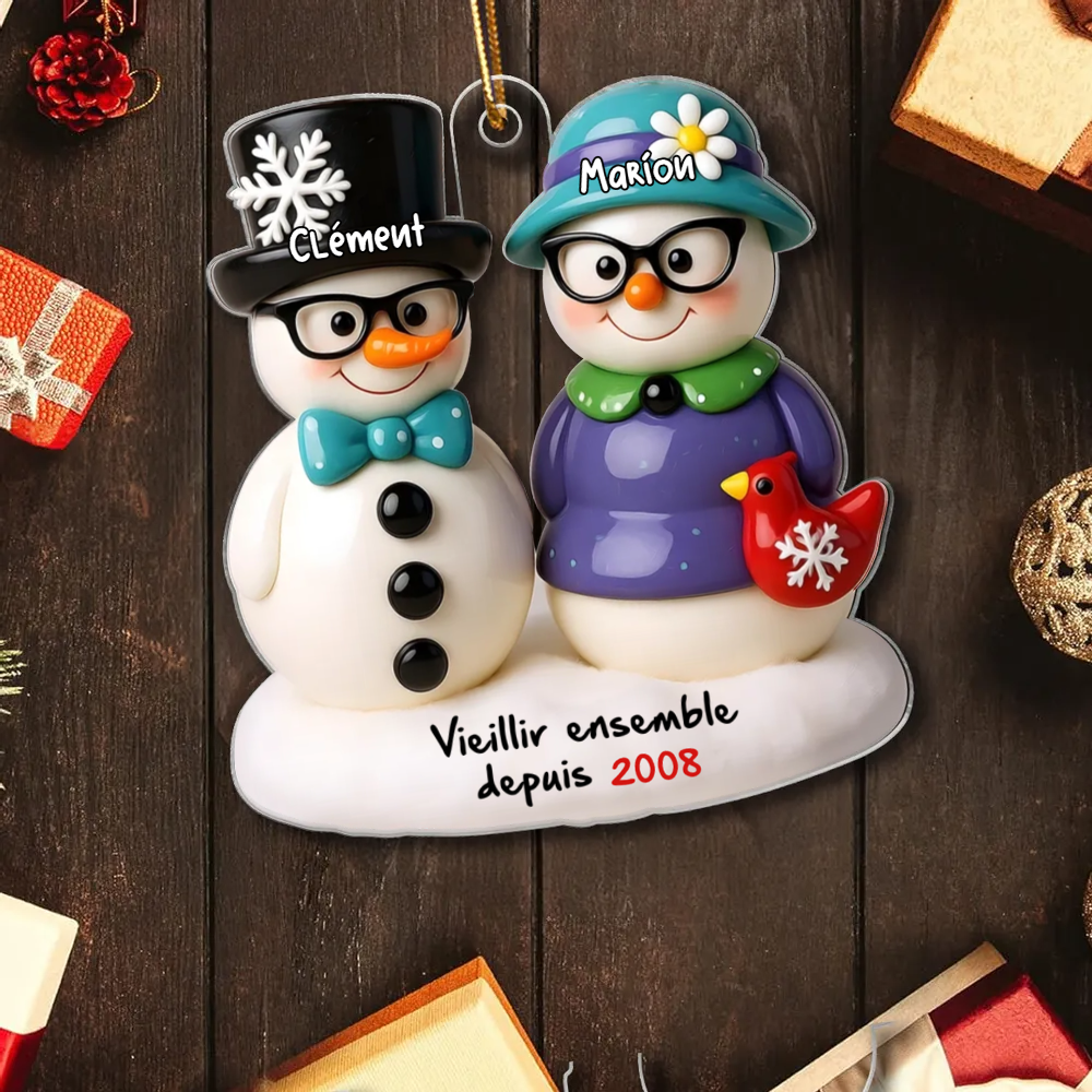 Couple de bonhommes de neige – Décoration de Noël personnalisée avec noms