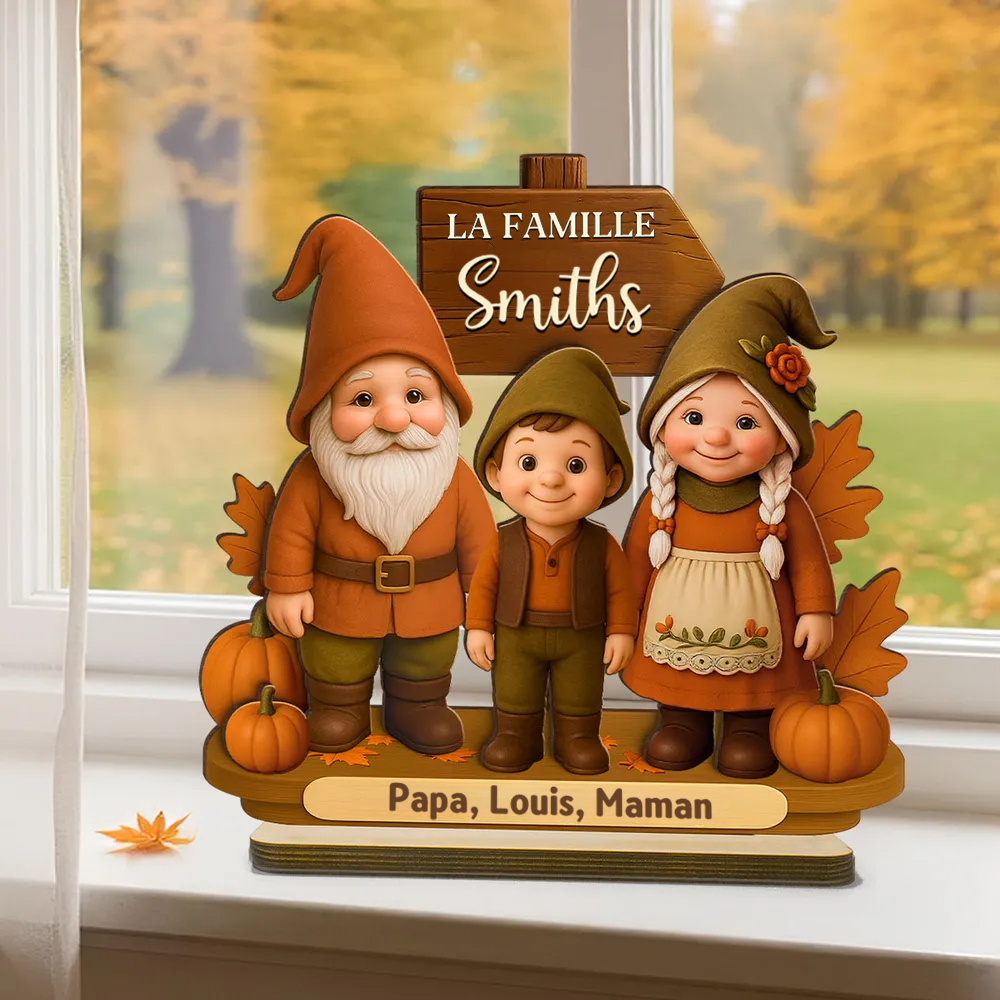 Famille de gnomes saison d’automne – Plaque en bois personnalisée avec noms