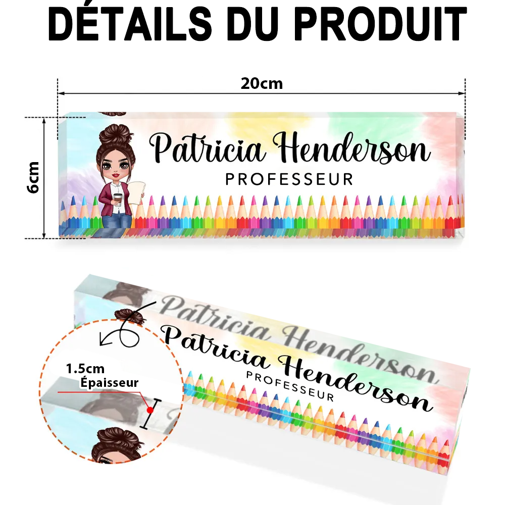 Plaque nominative en acrylique personnalisée – Pour enseignantes avec motifs de crayons de couleur