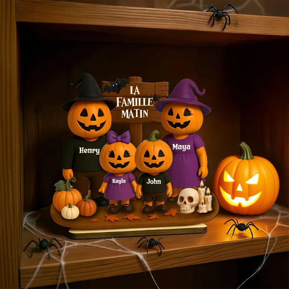 Famille Halloween avec citrouilles – Plaque en bois personnalisée avec noms