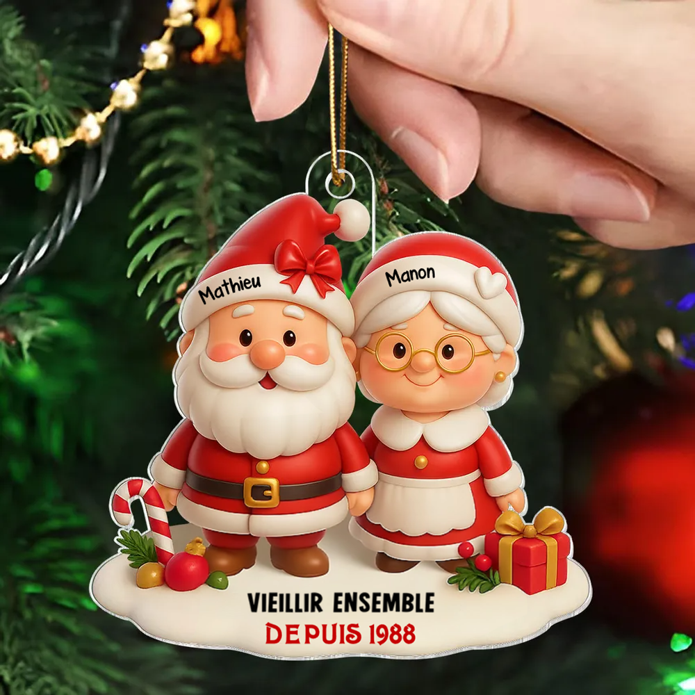 « Vieillir ensemble » – décoration de Noël personnalisée en acrylique avec couple de Pères Noël