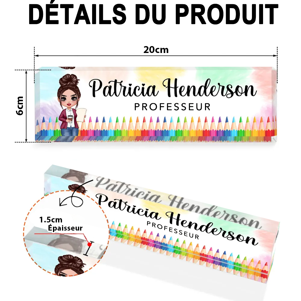 Plaque nominative en acrylique personnalisée – Pour enseignantes avec motifs de crayons de couleur