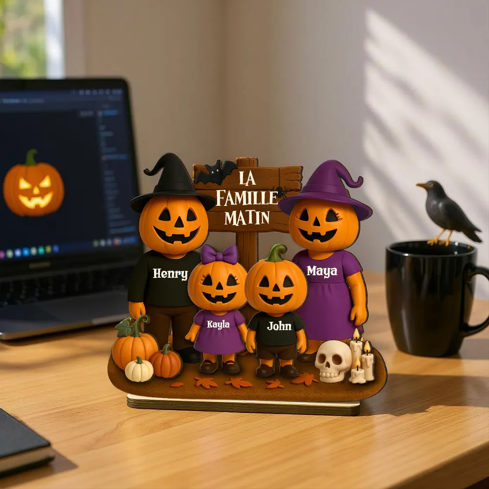 Famille Halloween avec citrouilles – Plaque en bois personnalisée avec noms