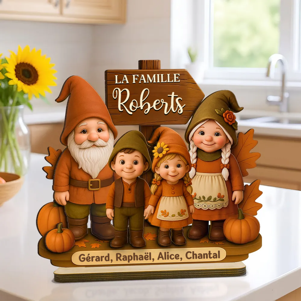 Famille de gnomes saison d’automne – Plaque en bois personnalisée avec noms