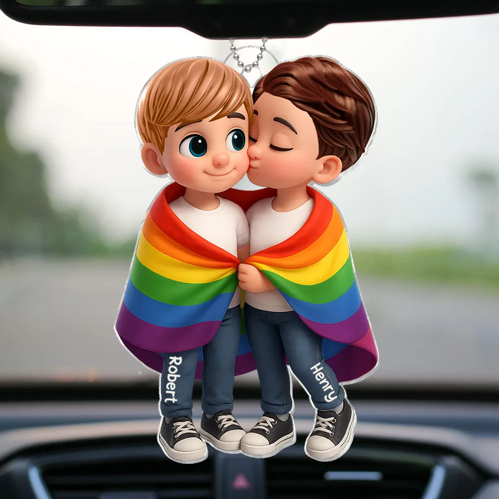 Couple avec couverture arc-en-ciel – Porte-clés auto en acrylique personnalisé, cadeau pour couples LGBT