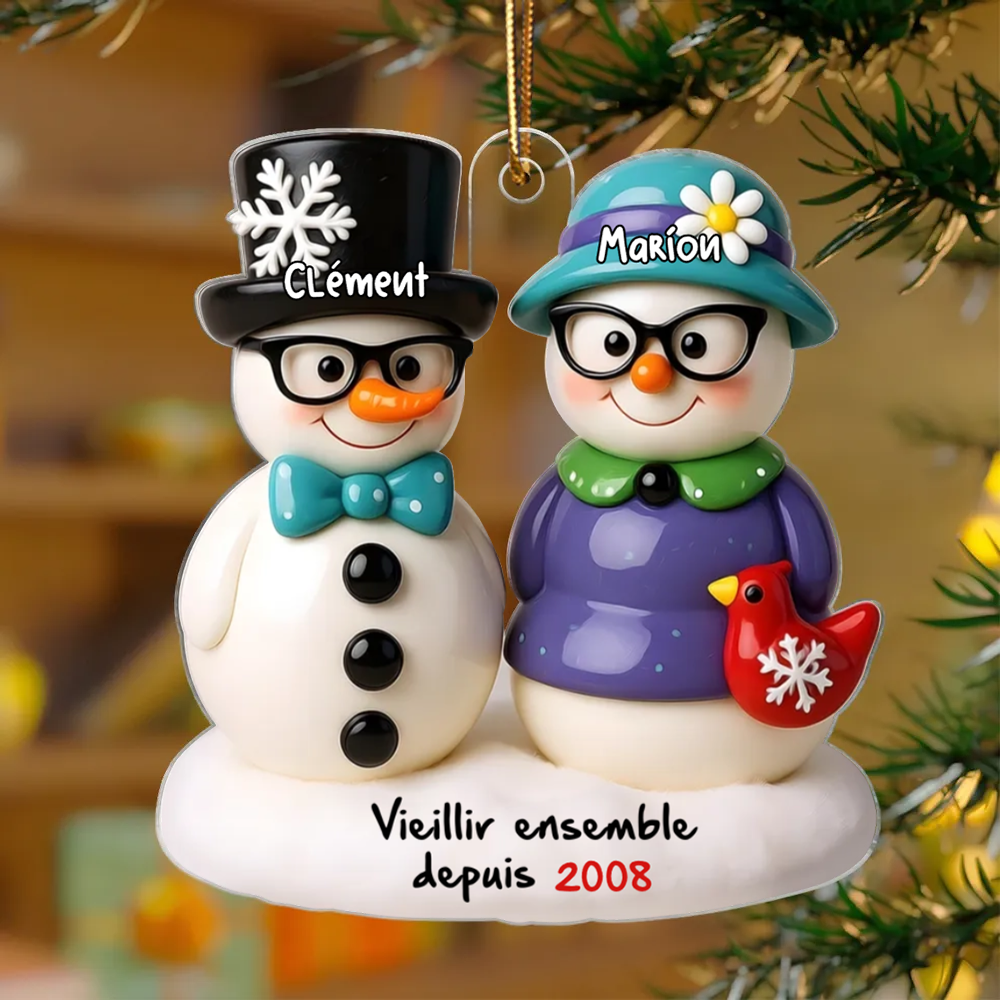 Couple de bonhommes de neige – Décoration de Noël personnalisée avec noms