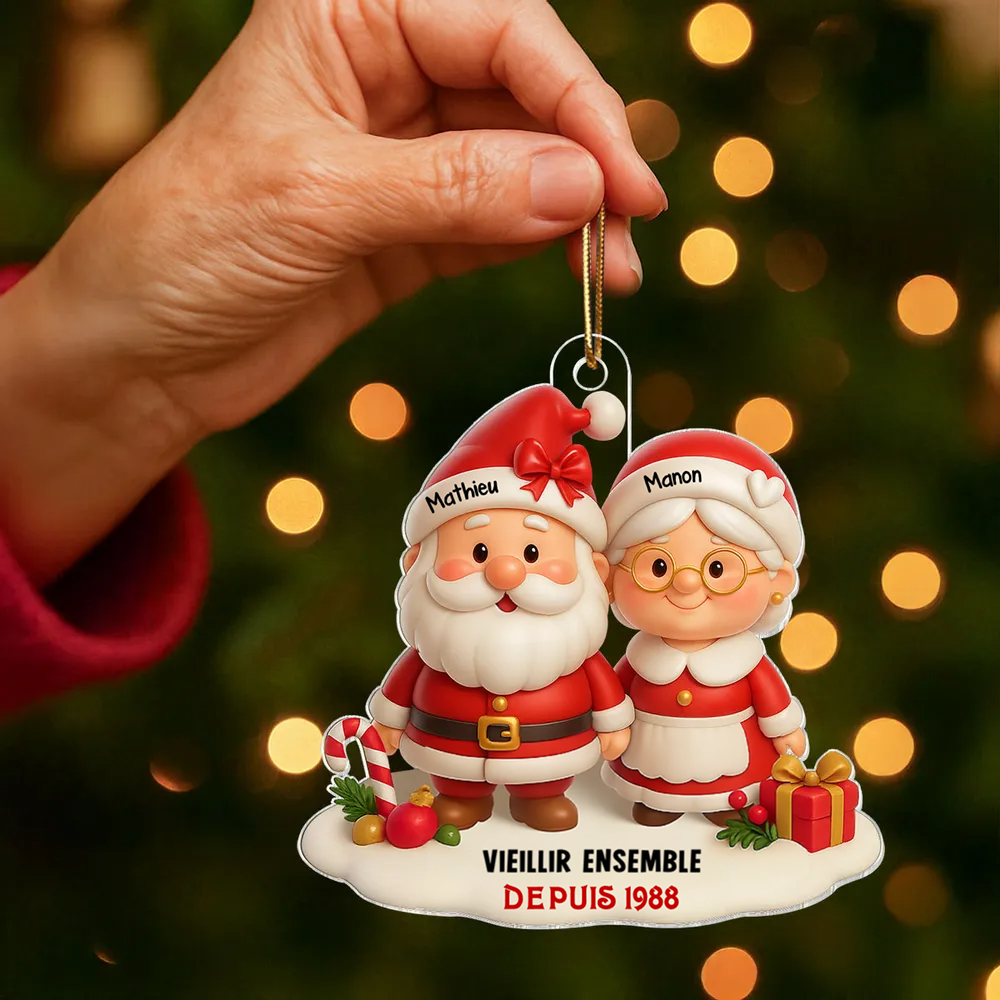 « Vieillir ensemble » – décoration de Noël personnalisée en acrylique avec couple de Pères Noël