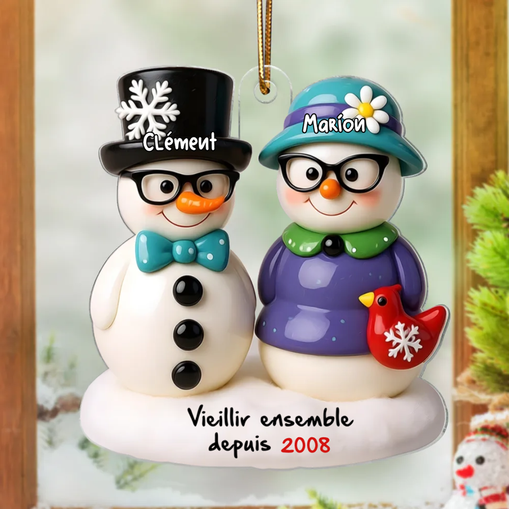 Couple de bonhommes de neige – Décoration de Noël personnalisée avec noms