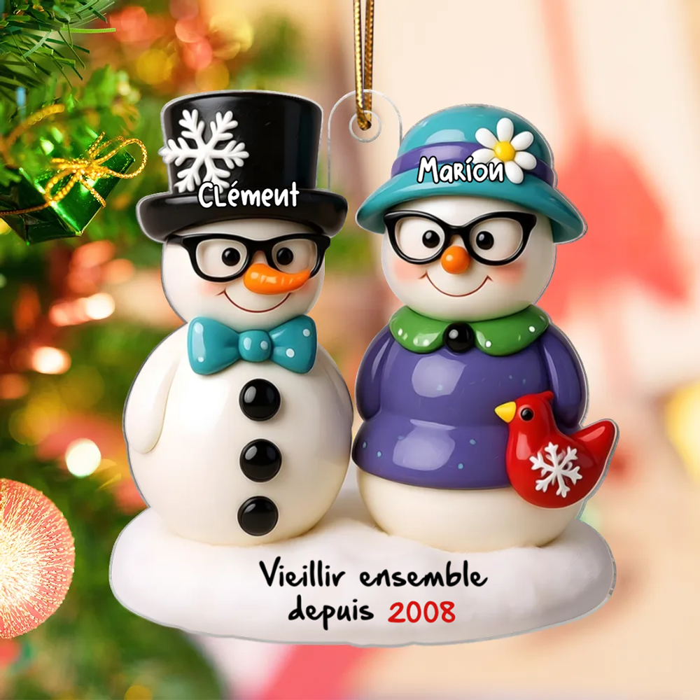 Couple de bonhommes de neige – Décoration de Noël personnalisée avec noms