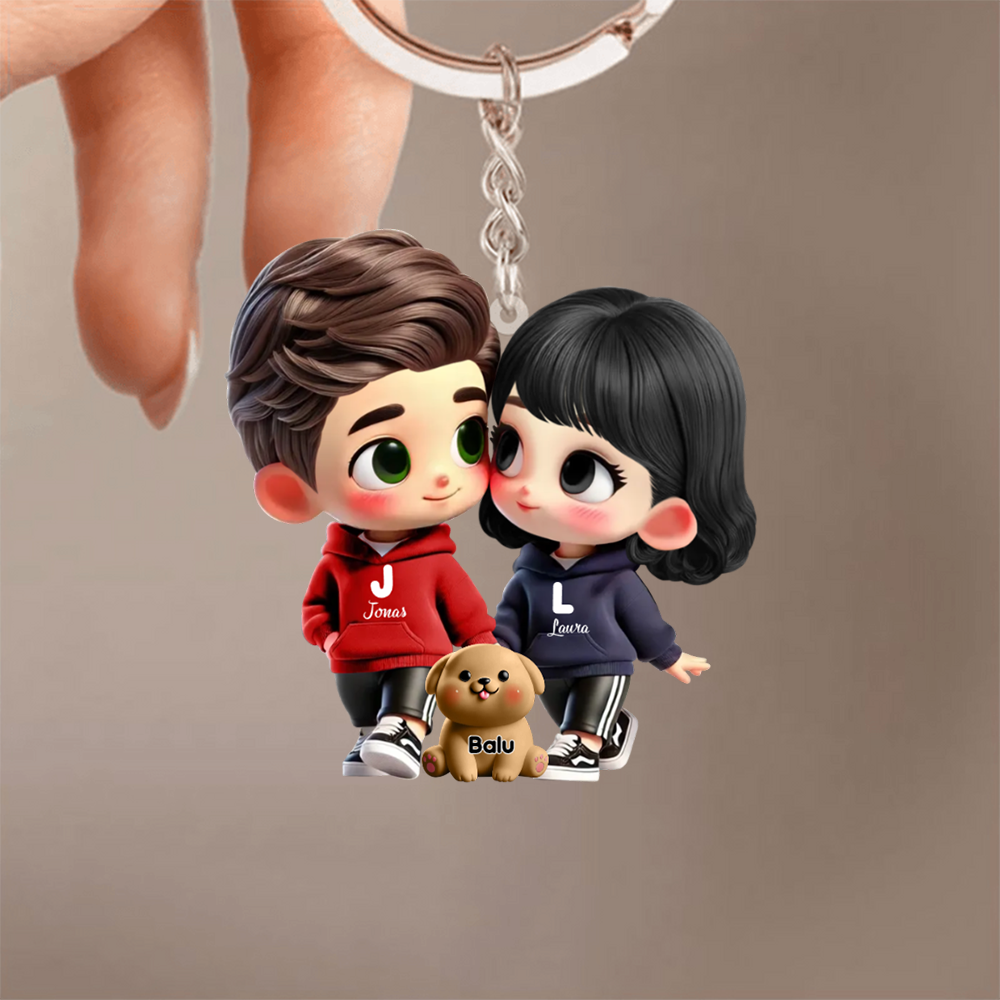 Porte-clés en acrylique personnalisé avec couple cartoon et animaux de compagnie – Cadeau pour couple