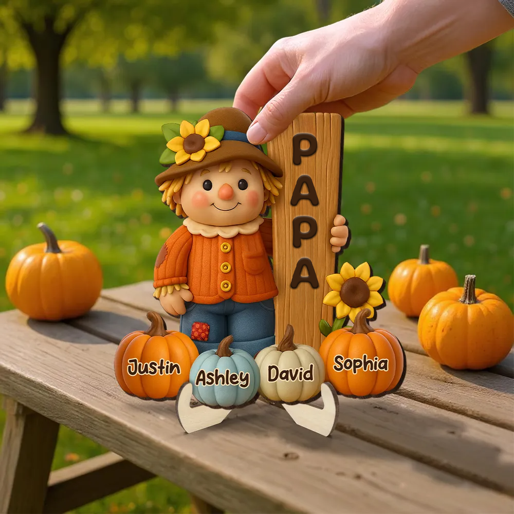 Adorable épouvantail et citrouilles – Plaque en bois personnalisée avec prénom(s) – Cadeau pour mamie