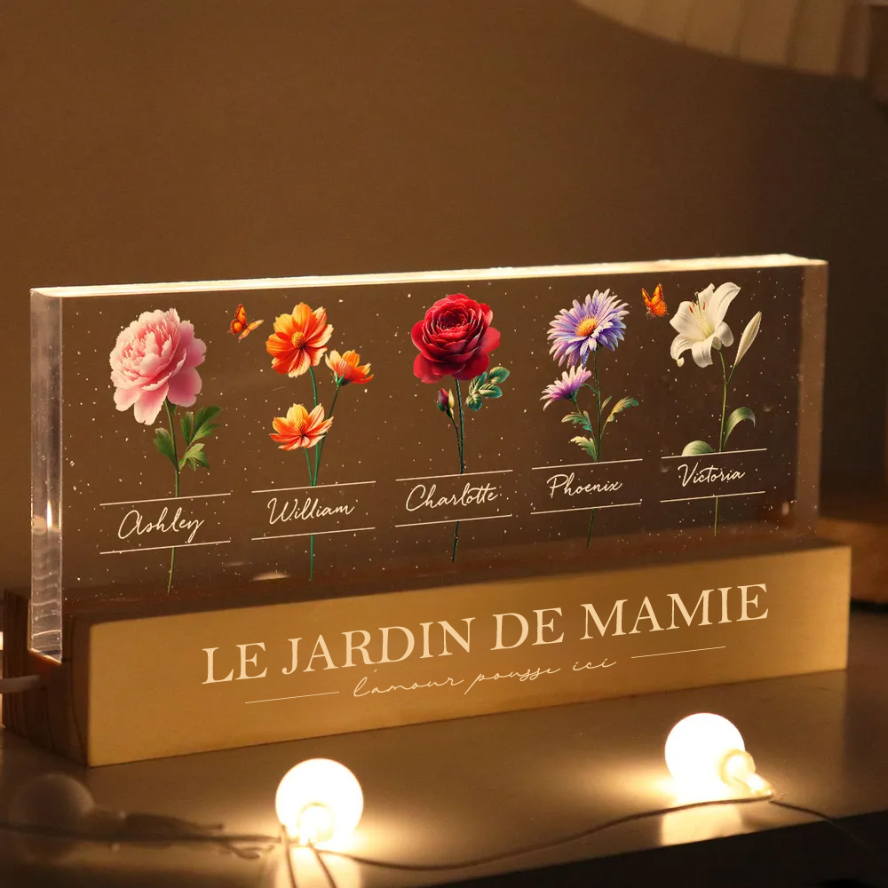 Veilleuse LED avec fleurs de naissance et prénoms – Cadeau pour grand-mère et maman