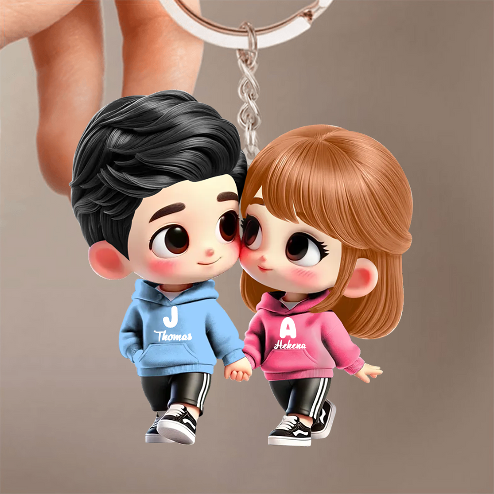 Adorable couple en dessin animé – Porte-clés voiture personnalisé en acrylique