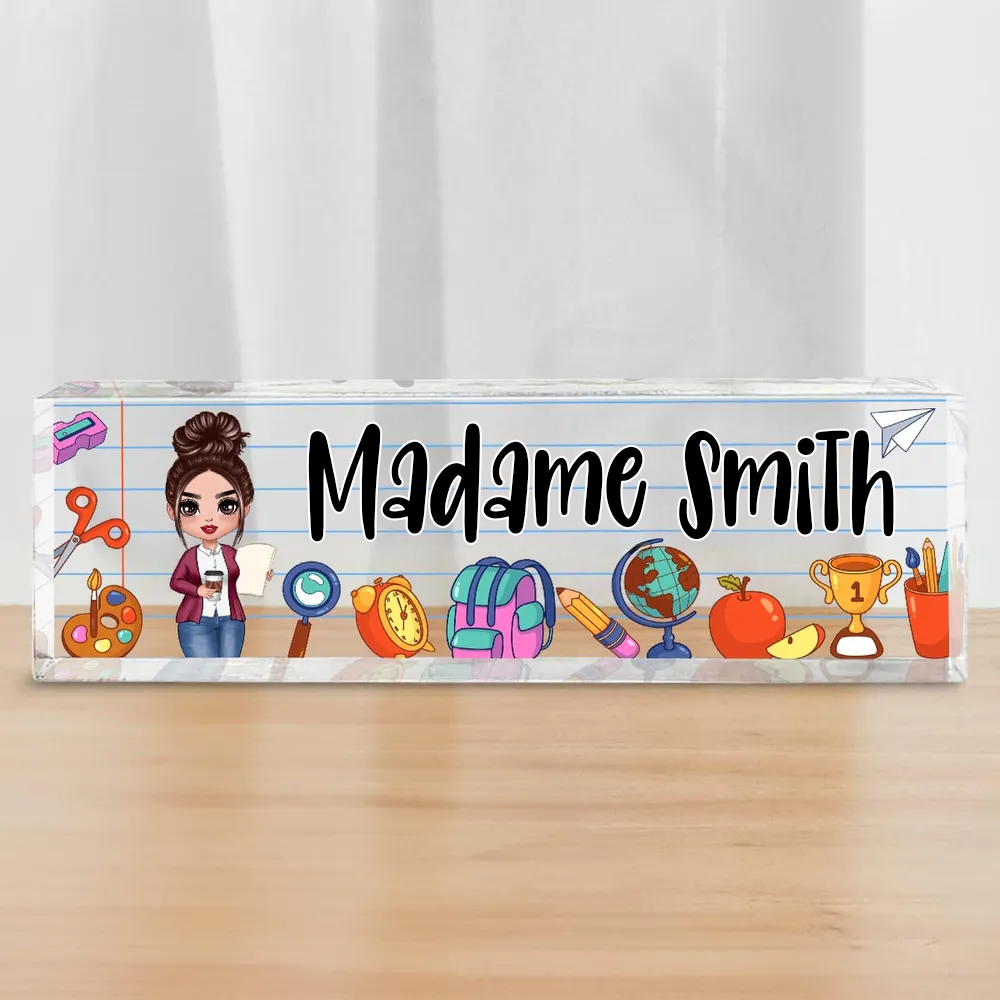 Plaque de bureau en acrylique personnalisée – Motifs scolaires pour enseignantes