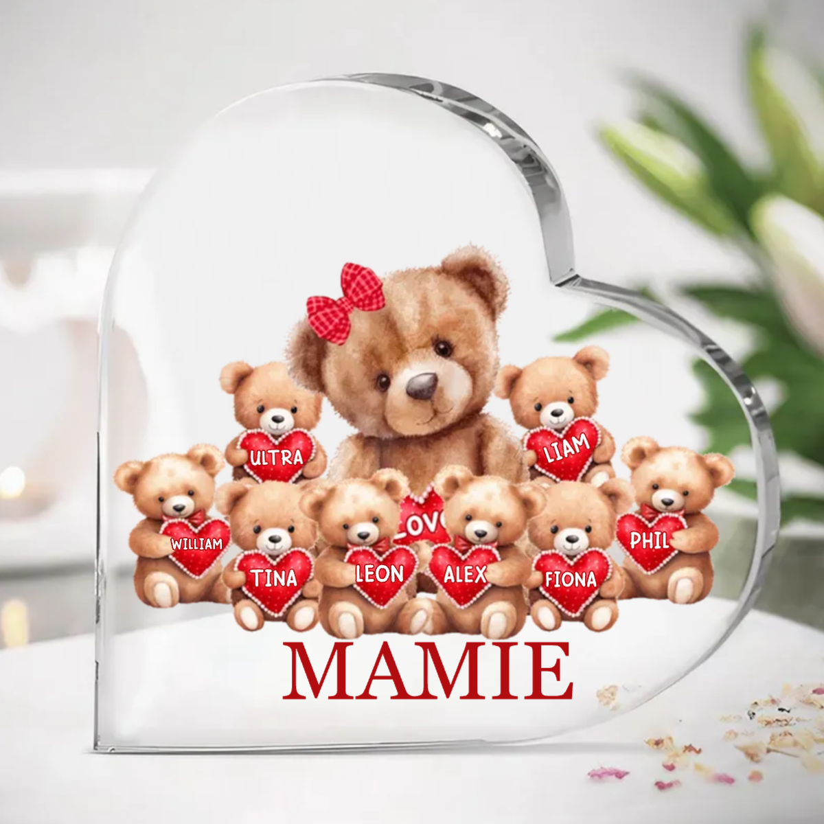 Ours cœur acrylique avec 1-8 noms pour mère et grand-mère