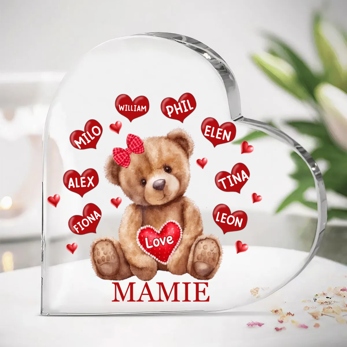 Ours cœur acrylique avec 1-8 noms pour maman et mamie