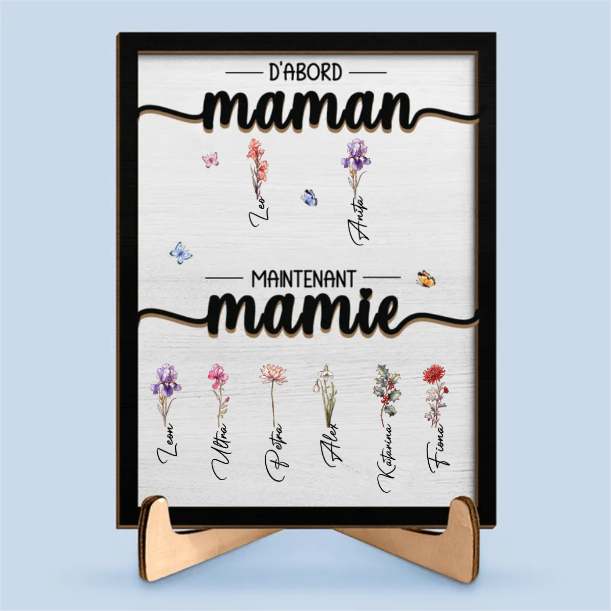 D'abord maman, maintenant mamie Plaquette en bois avec fleurs de naissance