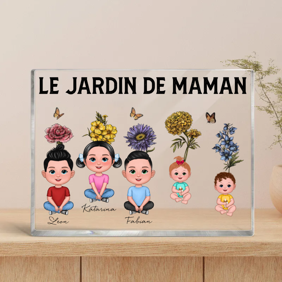 Plaque d'acyle avec 1-8 enfants et fleurs de naissance