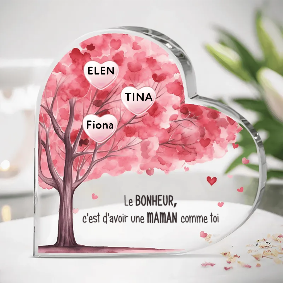 Cœur sur socle avec arbre généalogique, de 1 à 8 noms. Cadeaux pour maman et mamie.