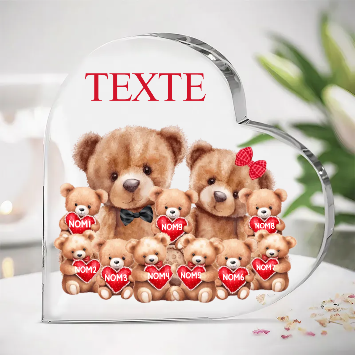 Cœur en acrylique avec motif d'ours familial, texte personnalisé et de 1 à 9 noms.