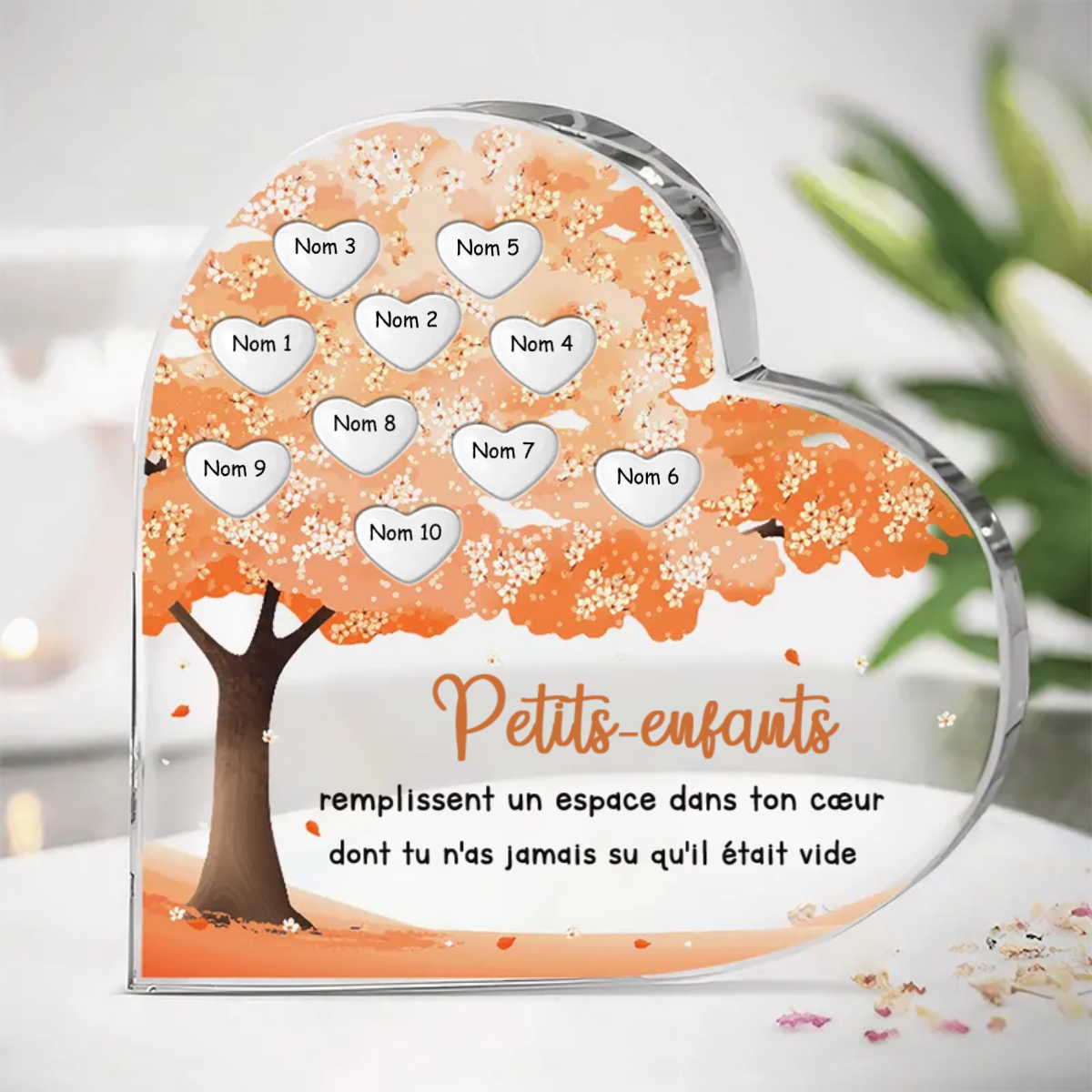 Coeur en acrylique avec arbre généalogique, de 1 à 10 noms, pour maman et mamie.