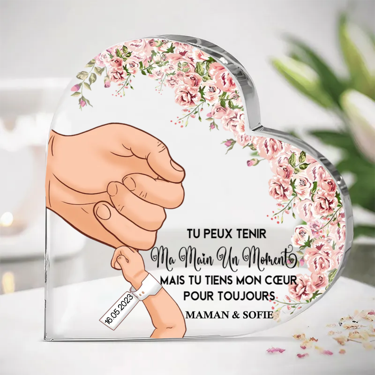 Cœur acrylique Première Fête des Mères Noms et date personnalisés