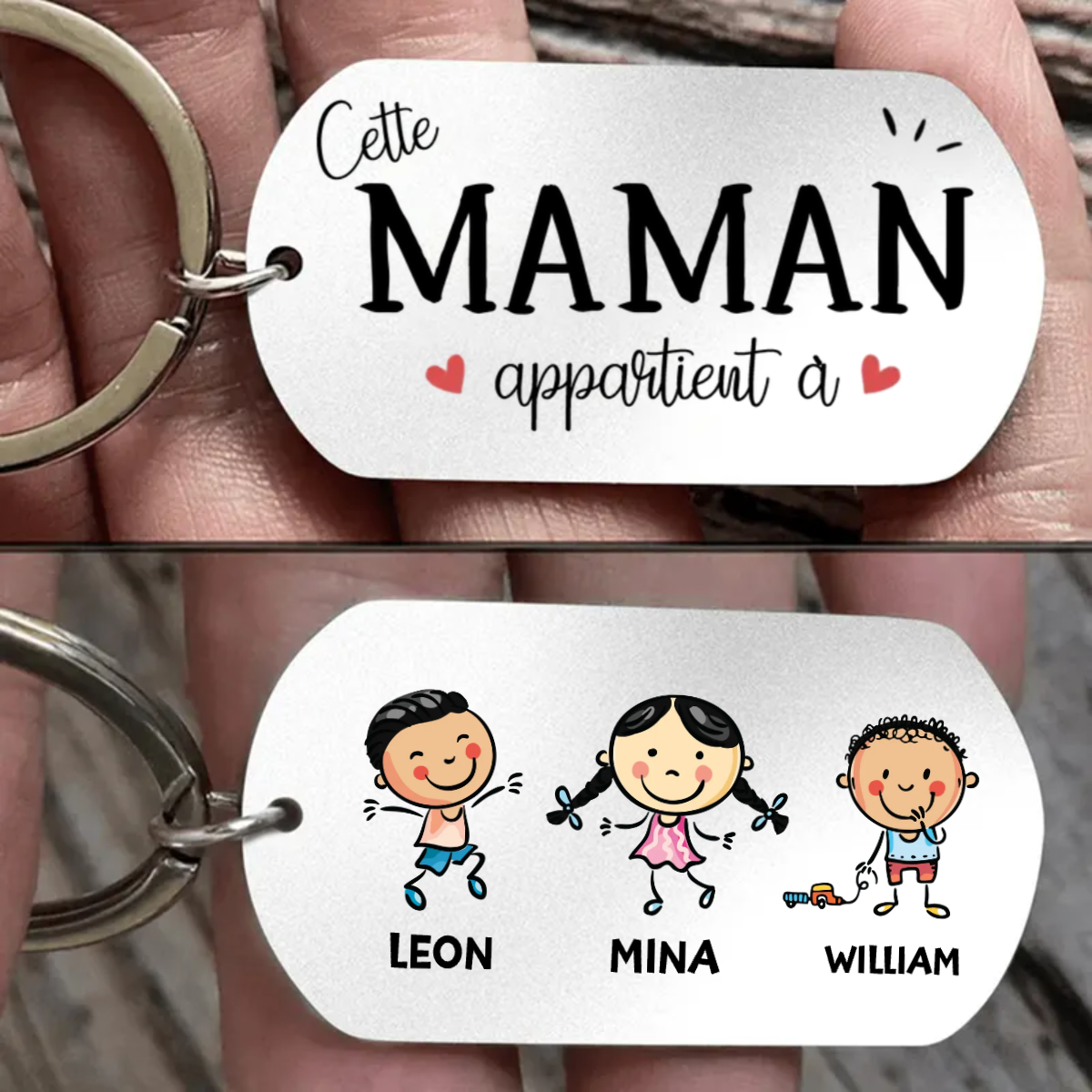 Porte-clés en acier inoxydable personnalisé avec 1 à 7 enfants pour maman, papa, mamie et papie