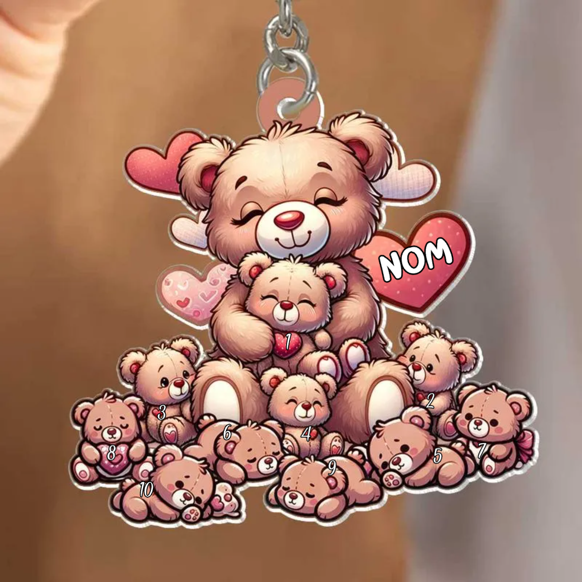 Porte-clés en acrylique représentant une maman ours et son ourson, personnalisé avec des noms